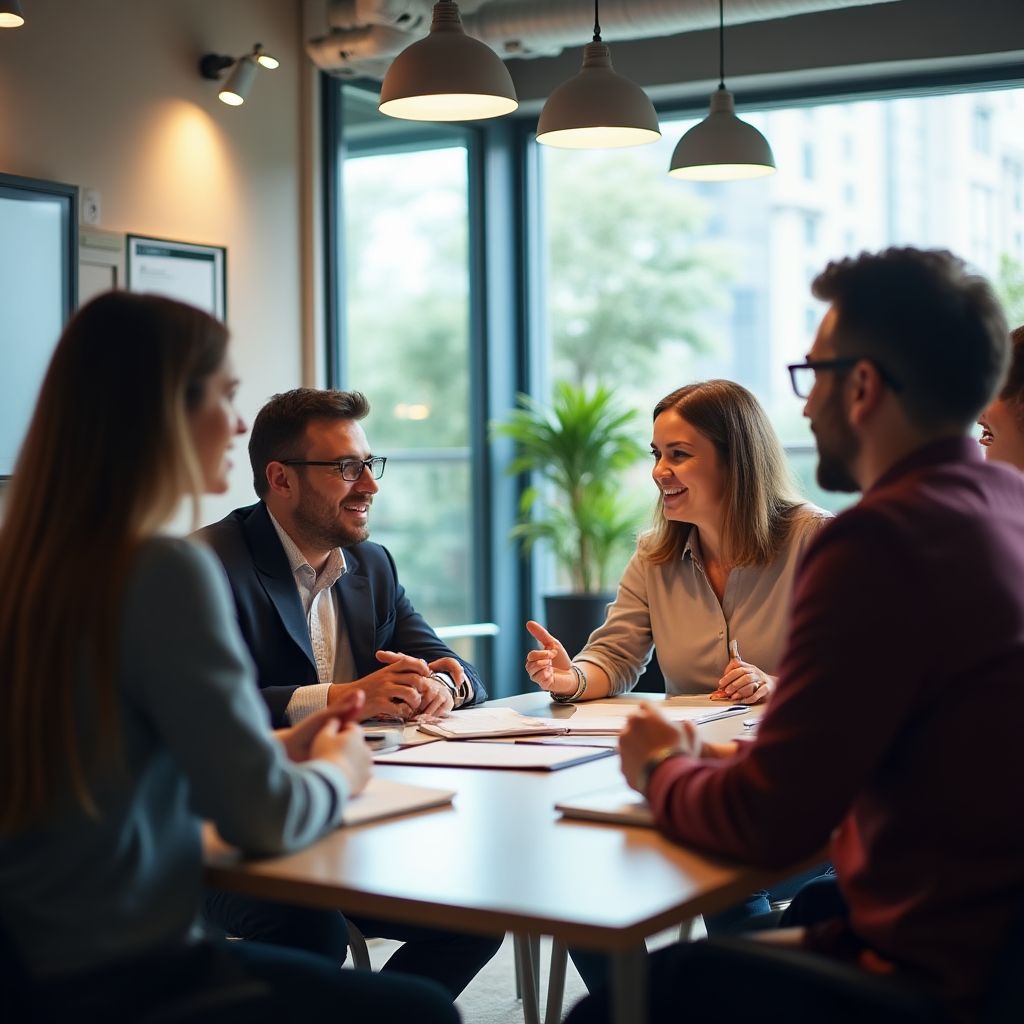 Equipo editorial de Historias de Éxito reunido en oficina moderna